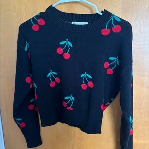 🍒No Boundaries Cropped Black Sweater with Red Cherry Design